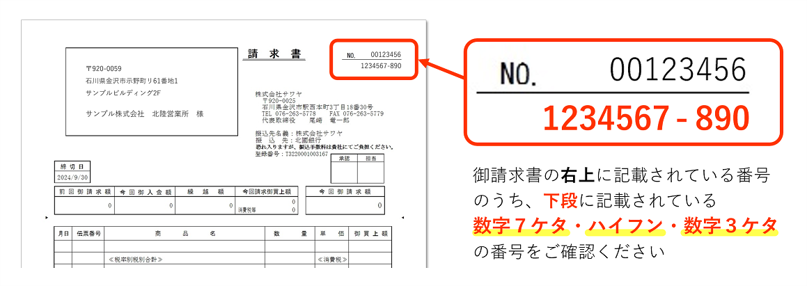 御請求書右上に記載されている番号のうち、下段に記載されている「数字7ケタ＋ハイフン＋数字3ケタ」の番号をご確認ください。